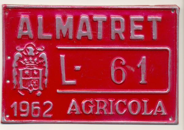Matricula de  Almatret  Agricola 1962 (Tarragona)