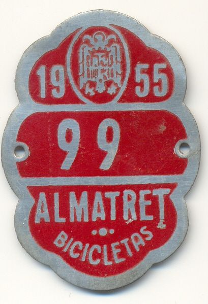 Matricula de Bicicleta de  Almatret  1955 (Tarragona)
