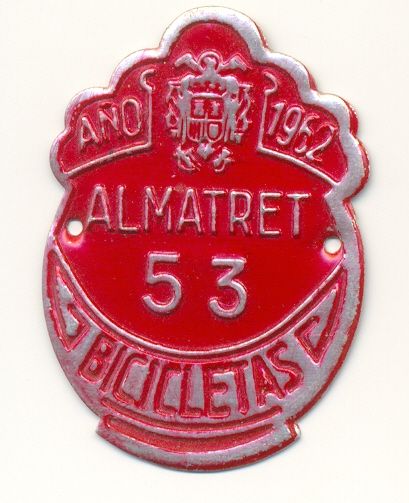 Matricula de Bicicleta de  Almatret  1962 (Tarragona)
