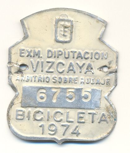 Matricula de Bicicleta de Excm. Diputacion de  Vizcaya  1974