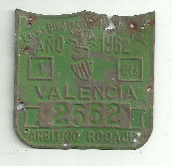 Chapa Matricula Arbitrio Rodaje 1962 Valencia