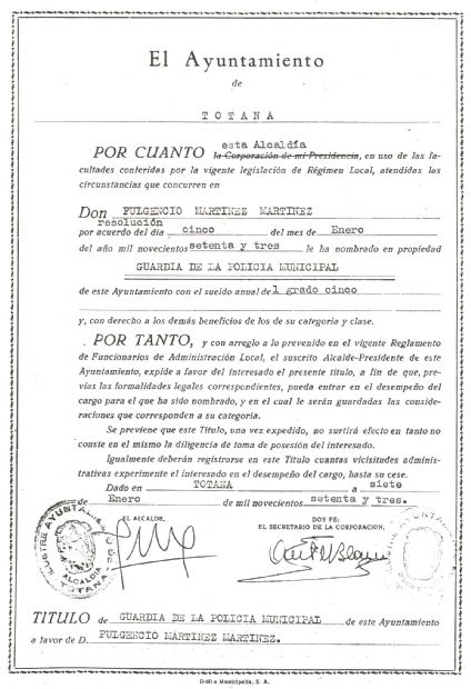Documento de Titulo de Guardia de Policia Municipal de Totana. 1973
