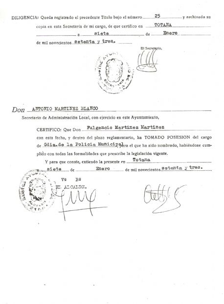 Documento de Titulo de Guardia de Policia Municipal de Totana. 1973
