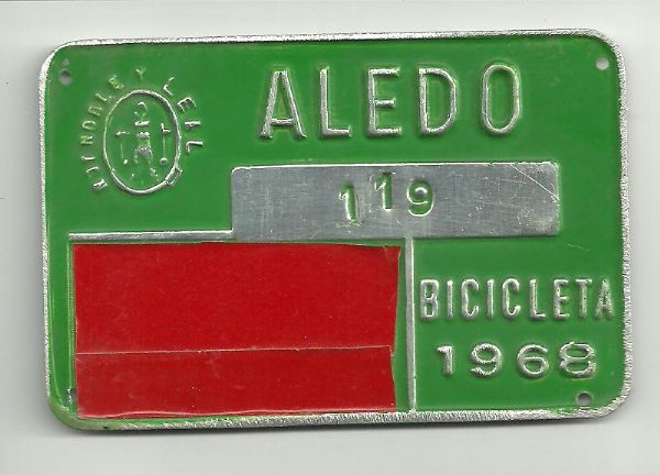 Matricula Bicicleta Aledo (Murcia) Ao 1.968