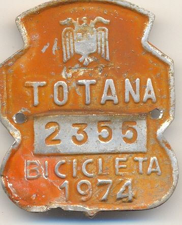 Matricula de Bicicleta de Totana 1.974  (Murcia)