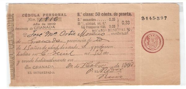Cdula de Identidad Personal Ao 1900 (Granada)