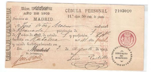 Cdula de Identidad Personal Ao 1903 (Madrid)