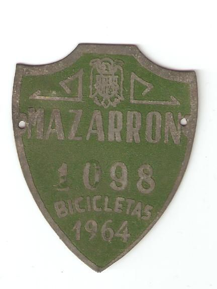 Placa de Matricula Bicicleta de Mazarrn 1964 (Murcia)