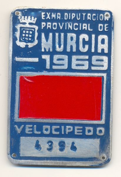 Placa Matricula Velocipedo de Murcia 1.969
