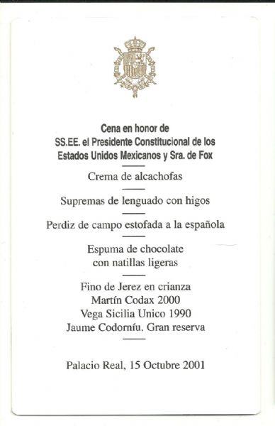 Menu de Cena de Honor en la Casa Real Espaola 2001