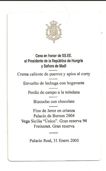 Menu de Cena de Honor en la Casa Real Espaola 2005