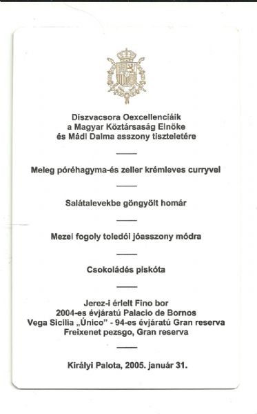 Menu de Cena de Honor en la Casa Real Espaola 2005
