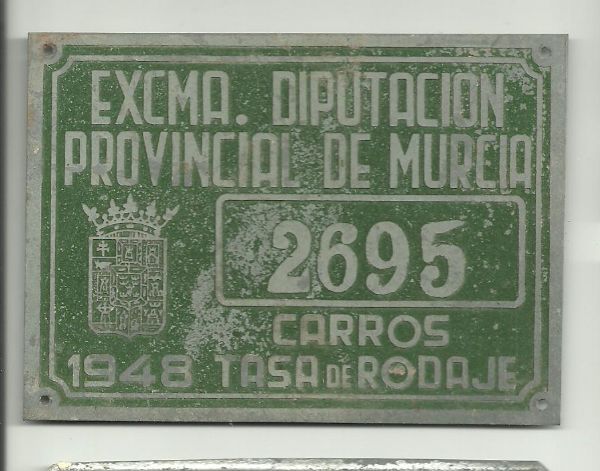 Matricula Tasa Rodaje de Carros de Diputacion de Murcia a�o 1948