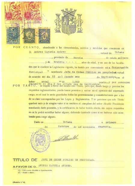 Documento de Nombramiento Jefe de Orden Público en Propiedad de Totana.