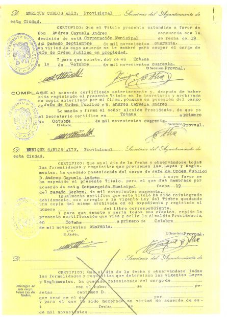 Documento de Nombramiento Jefe de Orden Público en Propiedad de Totana.