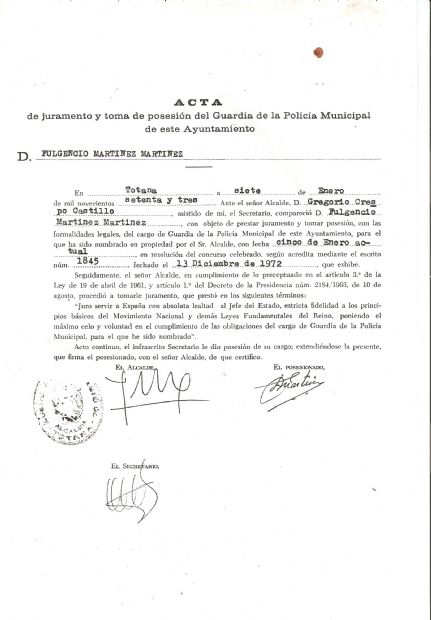 Documento de Titulo de Guardia de Policia Municipal de Totana. 1973
