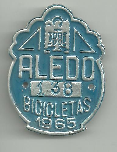 Matricula Bicicleta Aledo (Murcia) A�o 1.965