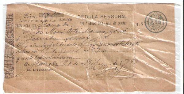 Cedula de Identidad Personal A�o 1899-1900 (Granada)