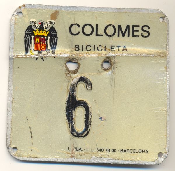 Matricula de Bicicleta Municipio de Colom�s (Catalu�a)