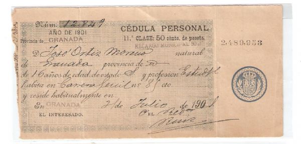 C�dula de Identidad Personal A�o 1901 (Granada)