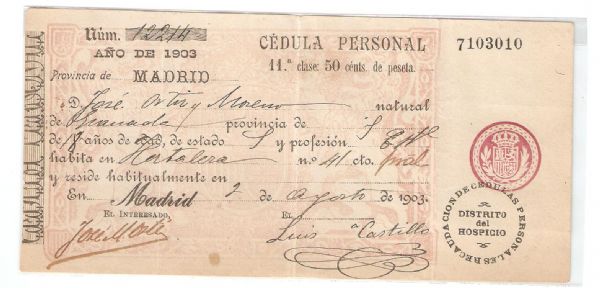 C�dula de Identidad Personal A�o 1903 (Madrid)