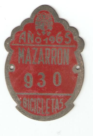 Placa de Matricula Bicicleta de Mazarr�n 1965 (Murcia)
