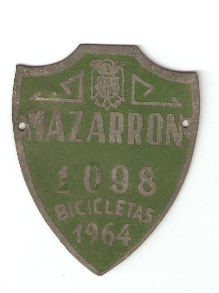 Placa de Matricula Bicicleta de Mazarr�n 1964 (Murcia)
