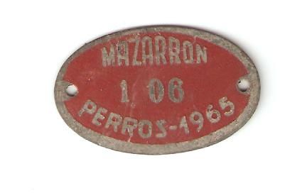 Placa de Matricula Perros de Mazarr�n 1965 (Murcia)
