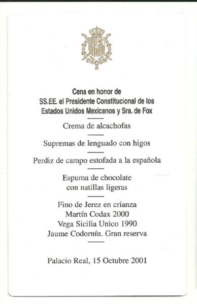 Menu de Cena de Honor en la Casa Real Espa�ola 2001