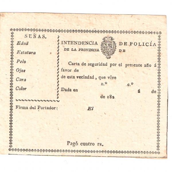 Antigua Carta de Seguridad  Personal A�o 182.....
