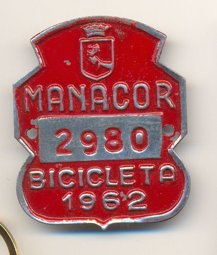 Matricula de Bicicleta de Manacor 1.962 (Islas Baleares)