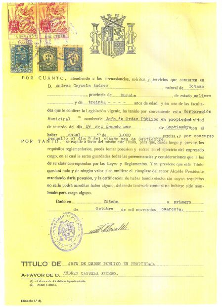 Documento de Nombramiento Jefe de Orden Pblico en Propiedad de Totana.