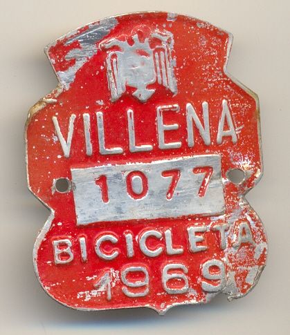 Placa de bicicleta de Villena (1969) Alicante