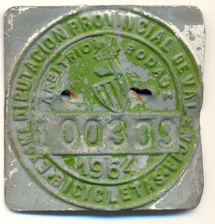 Placa de bicicleta de Comunidad Valenciana (1964) 