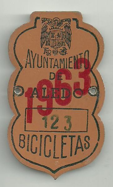Matricula Bicicleta Aledo (Murcia) Ao 1.963