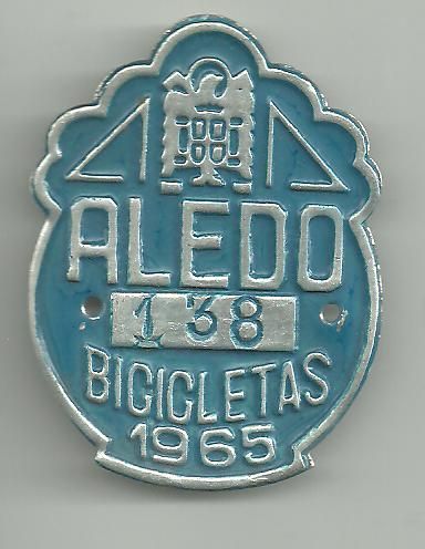 Matricula Bicicleta Aledo (Murcia) Ao 1.965