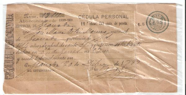 Cedula de Identidad Personal Ao 1899-1900 (Granada)
