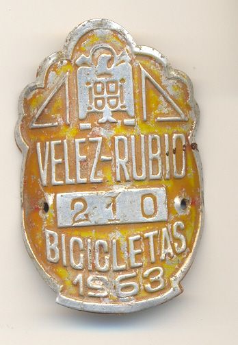 Placa de Matricula de bicicleta de Velez-Rubio 1.963 (Almeria)