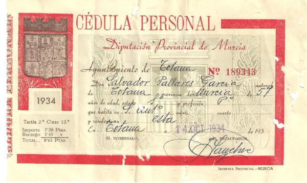 Cedula Identidad de Totana 1.934  (Murcia)
