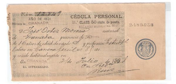 Cdula de Identidad Personal Ao 1901 (Granada)