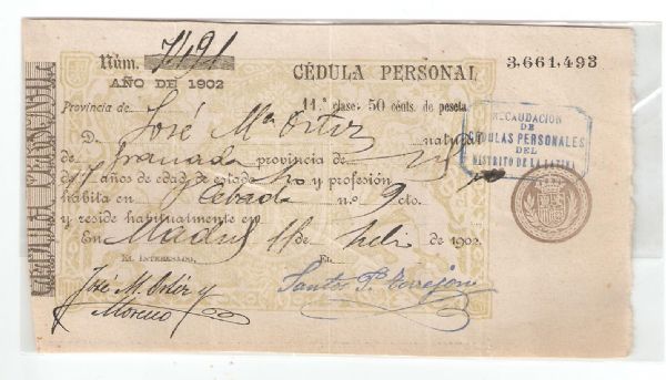 Cdula de Identidad Personal Ao 1902 (Madrid)
