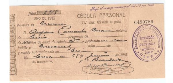 Cdula de Identidad Personal Ao 1913 (Cieza-Murcia)