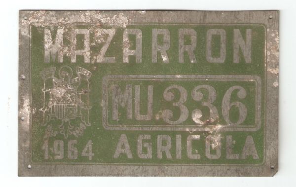 Placa de Matricula Agricola de Mazarrn 1964 (Murcia)