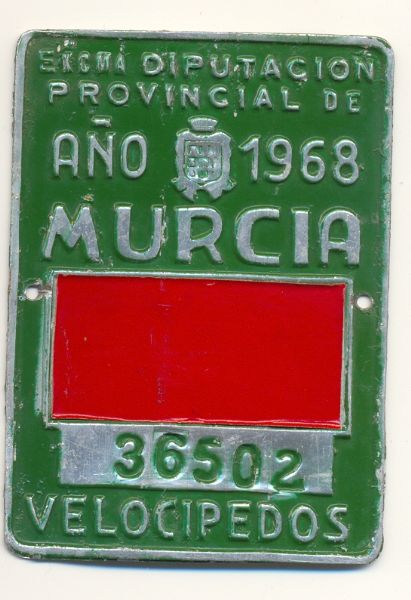 Placa Matricula Velocipedo de Murcia 1.968