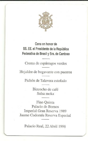 Menu de Cena de Honor en la Casa Real Espaola 1998
